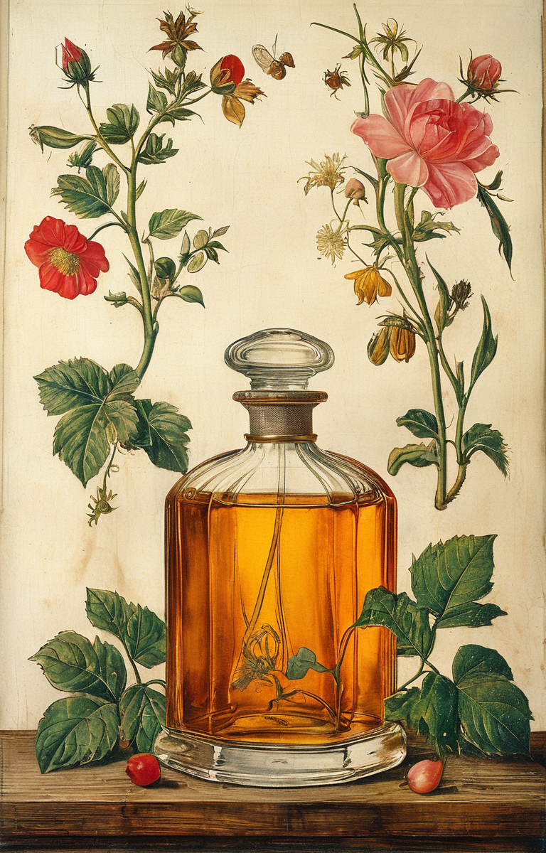 masterpiece,best quality,<lora:tbh183-sdxl:0.8>,illustration,style of Albrecht Durer, A bottle of perfume in garden