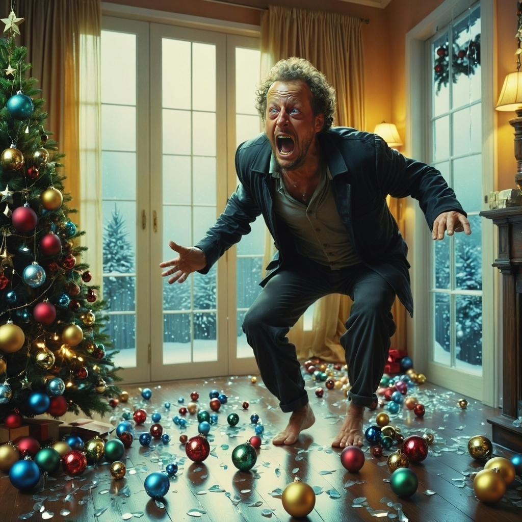 Daniel Stern as Marv the burglar, standing in front of a window with (bare feet and toes;1.3), he is stepping onto broken glass Christmas baubles underfoot. He is screaming in surprise and pain, he is holding onto the drapes for dear life. It is Christmas time and the room is decorated for Christmas EPbblestyleSDXL <lora:EPbblestyleSDXL:0.85> EPbblestyleSDXL it is dark outside as if nighttime