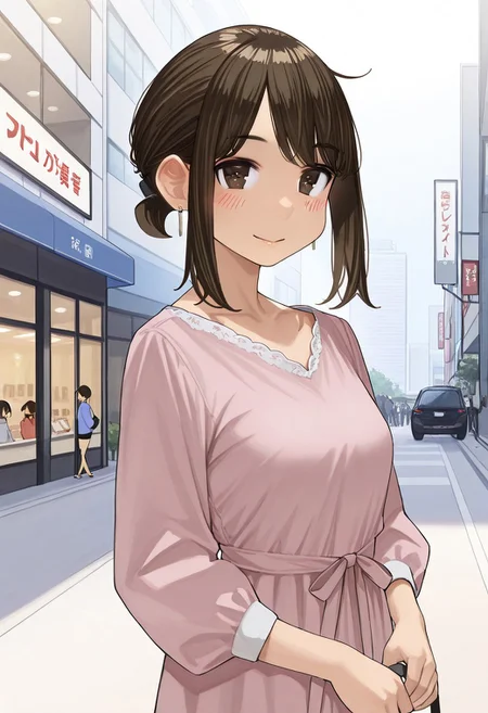 woman, douki-chan_(douki-chan), brown hair, hair tie, sidelocks, brown eyes, wearing a gown, holding a boba, milktea, city, high quality, best quality, masterpiece, 4k resolution, anime