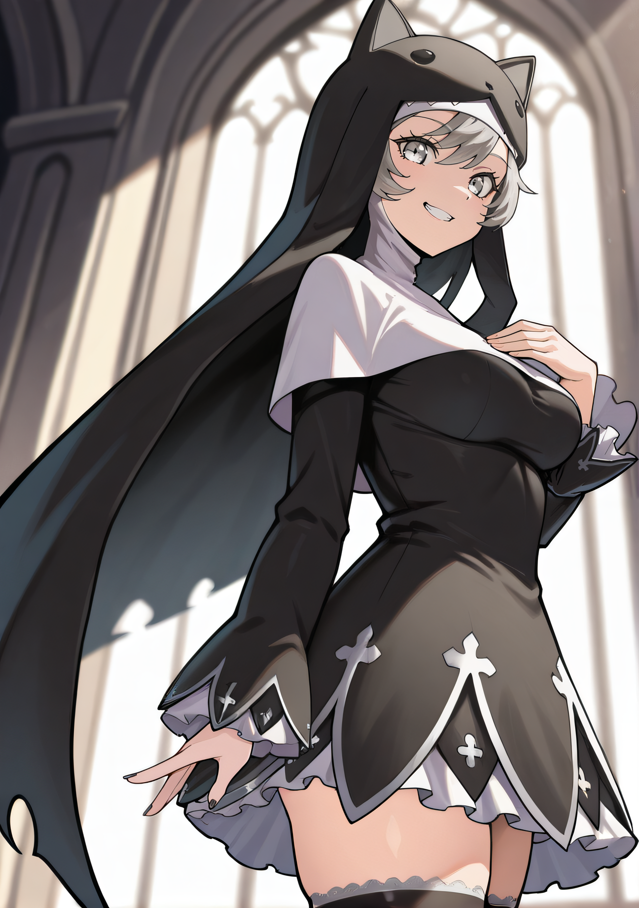 masterpiece, best quality, highres, newest, 1girl, solo, official style, <lora:IL_Sistermon_Noir:1>, sistermonnoir, nun, black thighhighs, looking at viewer, smile, indoor, cowboy shot, hand on chest, teeth, grin, side view, five fingers