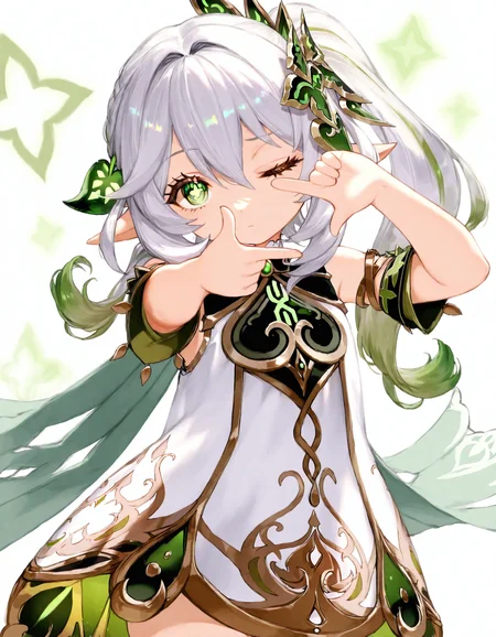 1girl, nahida \(genshin impact\), masterpiece, side ponytail, green eyes, finger frame, looking at viewer, pointy ears, gradient hair, one eye closed, sparkle, symbol-shaped pupils, solo, green hair, short dress, aiming at viewer, leaf hair ornament, detached sleeves, white hair,