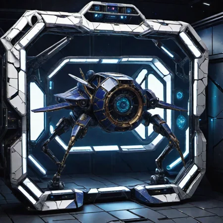 hyper detailed masterpiece, dynamic, awesome quality,DonMFr4ck7ur3dUnd3rw0rldXL robotic planetary exploration rover hangar, picture frames,mirror, vinyl,conglomerate stone, algae bioreactors for lighting,wall sconces, track lighting, mythpunk, sci-fi <lora:DonMFr4ck7ur3dUnd3rw0rldXL-000006:1>