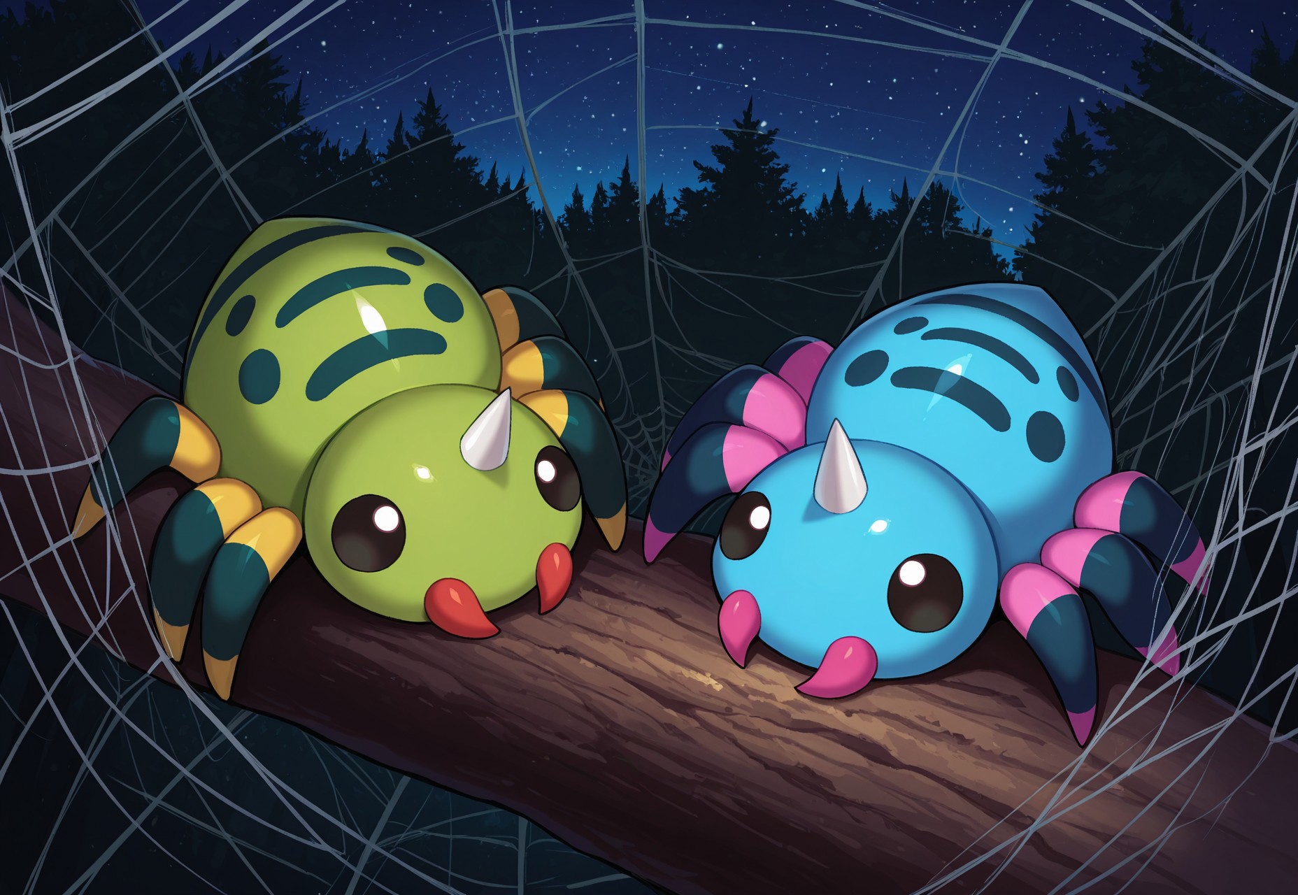 masterpiece, best quality, amazing quality, very aesthetic, absurdres, (other with other:1.6), (multiple others), (((2others:1.6))), (shiny and normal:1.6), (PKMN_Spinarak, 1other, black eyes, single horn, spider,green skin, red fangs, yellow legs, black body markings). BREAK
(ShinySpinarak, 1other, alternate color, blue skin, red fangs, pink legs, blue body markings,) BREAK
forest, in tree, perspective, spider web, silk, night, dark, starry sky