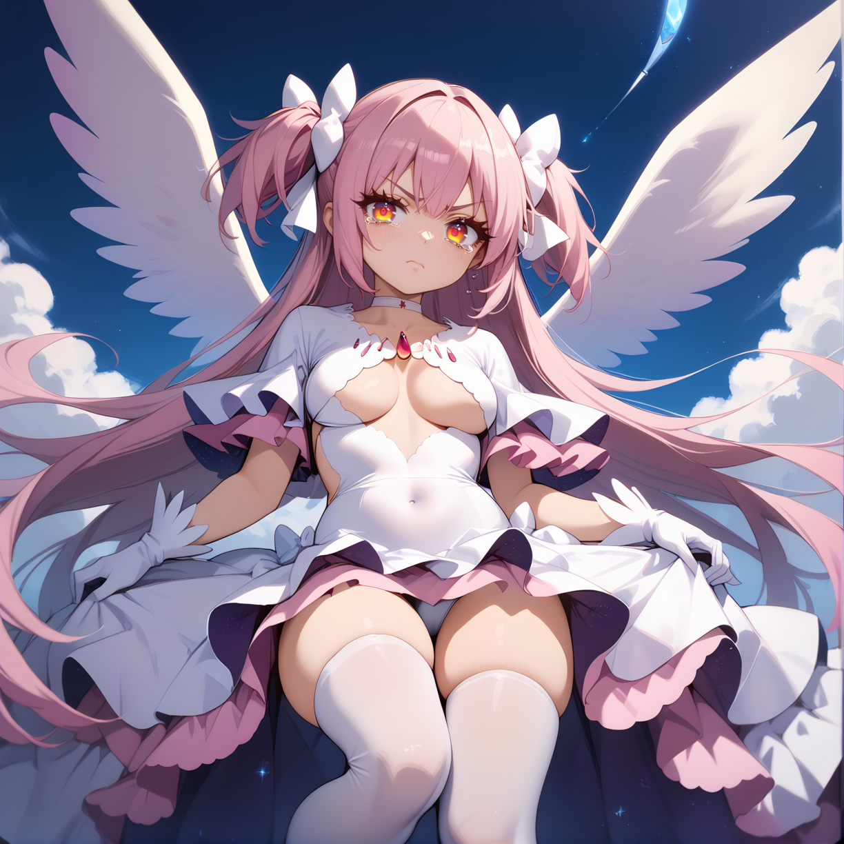 (score_9,score_8_up,score_7_up) BREAK uncensored BREAK 1girl,solo,(medium breasts:1.4),
disgust,scowl,closed mouth,tears,
BREAK
BREAK
BREAK (Embrace the planet:1.6),
BREAK
BREAK
BREAK
BREAK Feather wings,
BREAK <lora:madoka_god:1>,
(ultimate madoka,kaname madoka,long hair,pink hair,very long hair,bangs,hair between eyes,two side up,white bow,yellow eyes),(choker,white choker,gloves,white gloves,underboob,underwear,clothing cutout,cleavage cutout,covered navel,wide sleeves,frills,dress,white dress,frilled dress),(thighhighs,white thighhighs),universe,