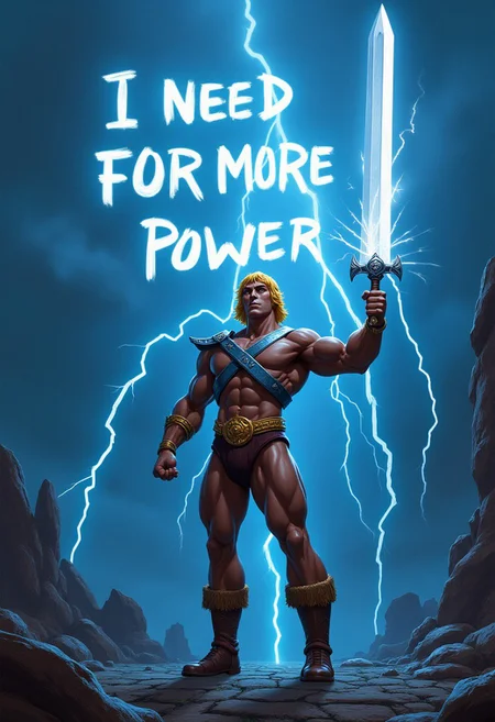 the lightning bolts in the sky form words that say "I need buzz for more power", lightning bolts falling on he-man and emanating white light with rays through his body,night background,black eyes,thick eyebrows,he-man,sword,power sword,lightning,1boy,muscular male,dark skin male,blonde hair, short hair,huge muscular body,he-man dressed in a metal battle harness and a leather loincloth and brown boots and golden muñequeras, standing on a stone floor and behind him is Castle Grayskull while he raises with his right hand the power sword while a lightning bolt falls on the sword from the sky, cloudy sky, masters of the universe, castle, castle grayskull, words in the sky written with lightning bolts that say "I need buzz for more power", powerful,