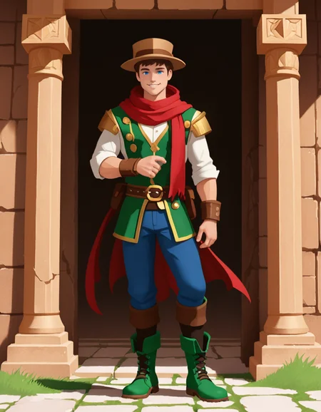 OneStepFromEdenStyle, 1boy, solo, outdoors, red_scarf, blue_eyes, brown_hair, smile, full_body, kneehighs, bright green boots, male_focus, hat, [bara], high_fantasy, ruined temple
 <lora:OneStepFromEdenStyle_Illustrious:1>