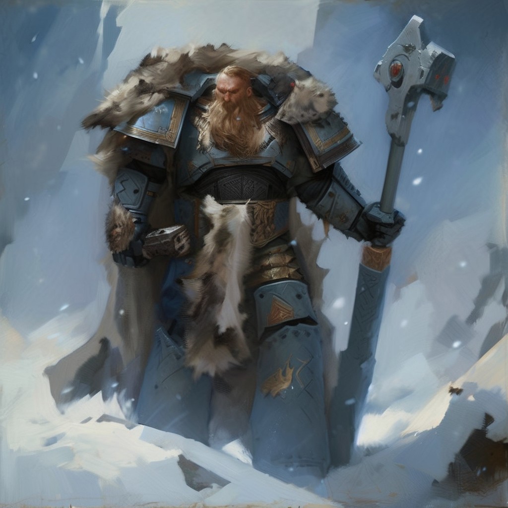 Space wolf warrior with beard is in winter landscape, he is a werewolf space marine,  he as heavy scars, he has his huge runic hammer in his hands, portrait style, viking, norse, beard, clad in ripped furs and pieces of old worn space wolf armor, Black over black, top light, masterful painting in the style of Anders Zorn | Marco Mazzoni | Yuri Ivanovich, Todd McFarlane, oil on canvas
<lora:add-detail-xl:1> <lora:MJ52:0.5>