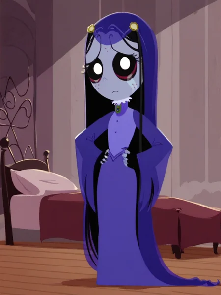 score_9, score_8_up, score_7_up,
1girl, misery gloom, black hair, black sclera, white eyes, grey skin, very long hair, blue veil,
standing, frown, closed mouth, looking at viewer,
hands on hips, bedroom,
blue dress, long dress, long sleeves, wide sleeves, fingerless gloves,