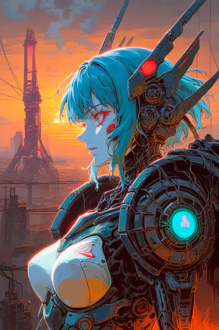 score_9, score_8_up, score_7_up, otic, yew, bomm,
1girl, futuristic, wires, tokyo, neon lights, shoulder pads, blue hair, pale skin, mechanical, robotic armor, mecha, plugsuit, bust portrait, solo focus, sunset, smoke