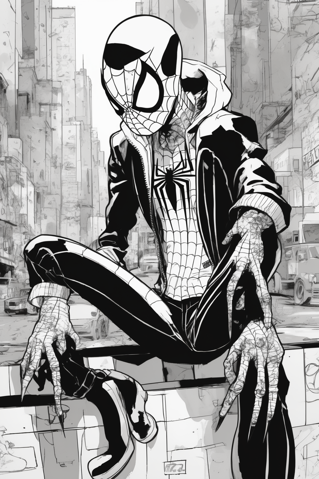 Jim Mahfood Style - Spiderpunk in Spiderman outfit in the style of white and Black comics from Sean Gordon Murphy