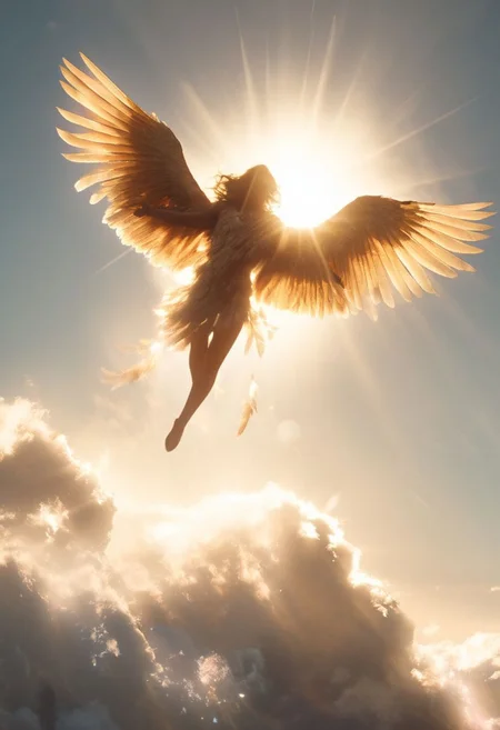 Above the Clouds Loosing feathers, floating feathers, subsurface scattering, Capture the dystopian spectacle of female Icarus ascending too close to the sun, seen from below. Witness her wings, illuminated by the piercing sunlight, shedding feathers as they struggle against the inevitable descent. 
atmospheric haze, Film grain, cinematic film still, shallow depth of field, highly detailed, high budget, cinemascope, moody, epic, OverallDetail, 2000s vintage RAW photo, photorealistic, candid camera, color graded cinematic, atmospheric lighting, imperfections, natural, shallow dof