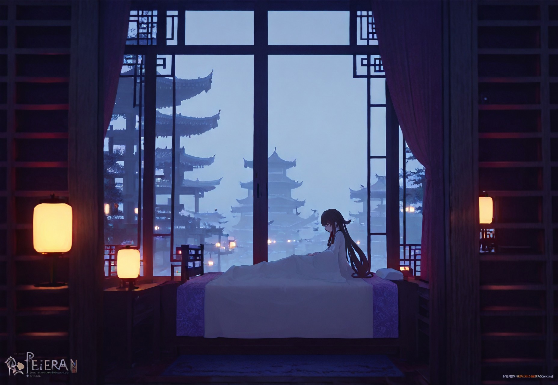 safe_pos, void 0, genshin impact, hu tao \(genshin impact\), 1girl, architecture, bed, brown hair, curtains, east asian architecture, indoors, lantern, long hair, on bed, scenery, shelf, solo, window