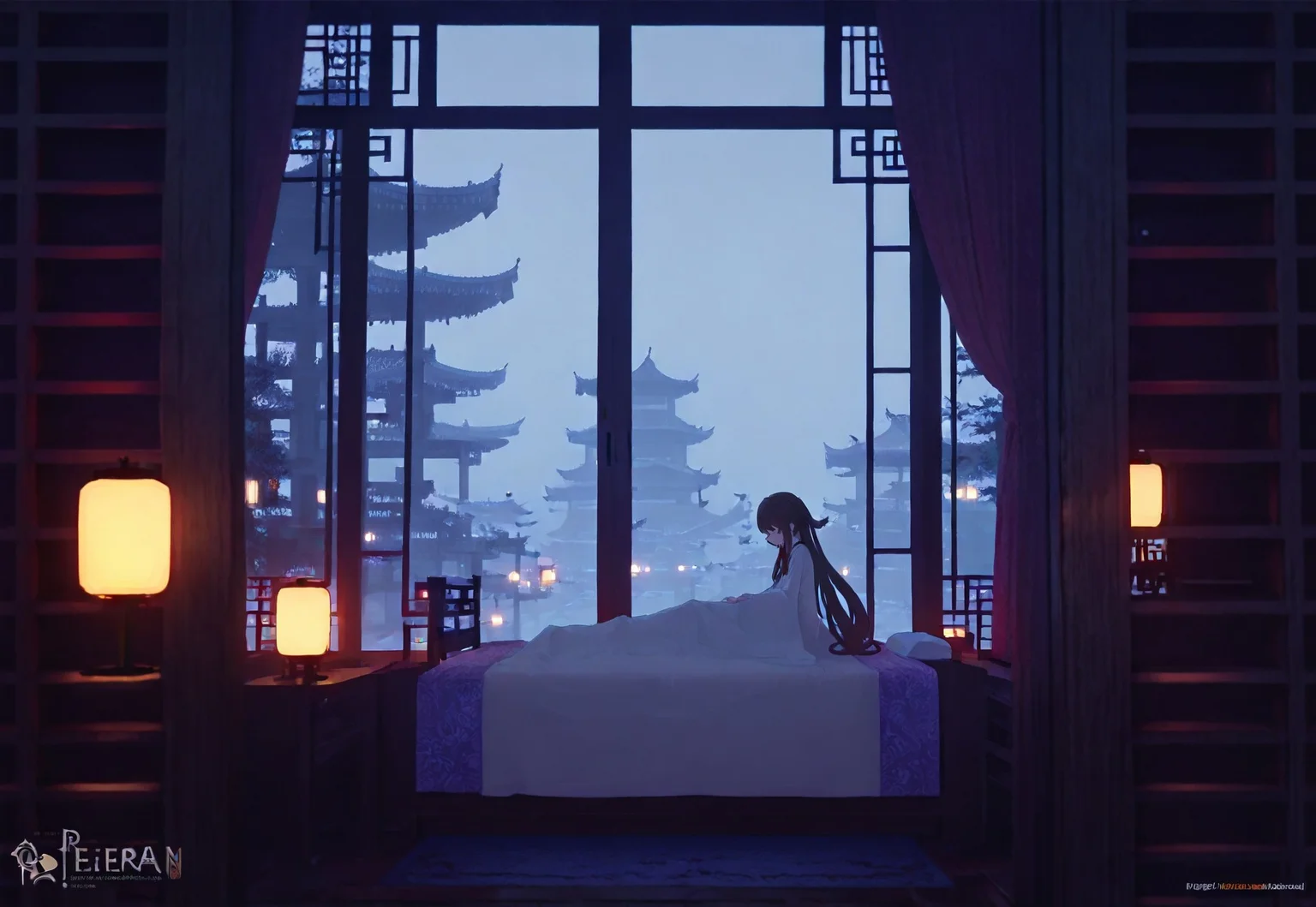safe_pos, void 0, genshin impact, hu tao \(genshin impact\), 1girl, architecture, bed, brown hair, curtains, east asian architecture, indoors, lantern, long hair, on bed, scenery, shelf, solo, window