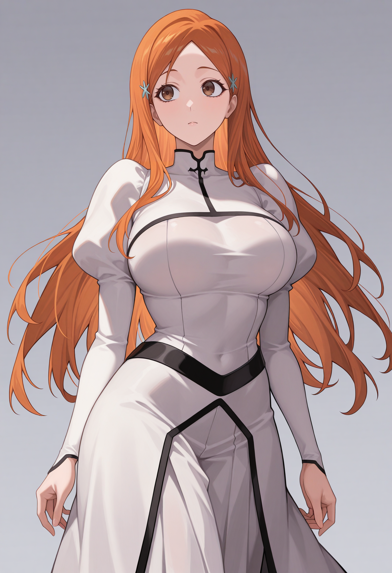masterpiece, best quality, absurdres, highres, newest, 1girl, solo, <lora:inoueorihime-bleach-richy-v1_ixl:1> inrhmwd, brown eyes, orange hair, long hair, parted bangs, hair ornament, large breasts, white dress, long sleeves, juliet sleeves, standing