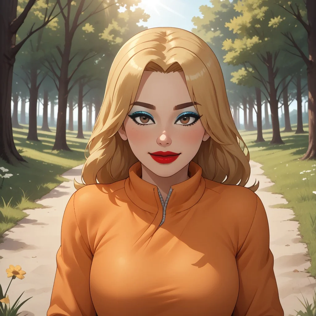 score_9, score_8, BREAK, solo, wii, mii, wii sports, 1girl, female mii, cute, attractive, blonde hair, brown eyebrows, brown eyes, makeup, blush, blue eyeshadow, red lips, lipstick, orange clothing, white pants, shoes, breasts, nintendo mii, modern_mii, classic_mii, Marilyn_(OC_Mii), sexy pose, self portrait, smile, outdoors, sunlight, shadows, evening lighting, natural lighting, forest, trees, grass, orange sky, sunset
