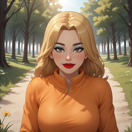 score_9, score_8, BREAK, solo, wii, mii, wii sports, 1girl, female mii, cute, attractive, blonde hair, brown eyebrows, brown eyes, makeup, blush, blue eyeshadow, red lips, lipstick, orange clothing, white pants, shoes, breasts, nintendo mii, modern_mii, classic_mii, Marilyn_(OC_Mii), sexy pose, self portrait, smile, outdoors, sunlight, shadows, evening lighting, natural lighting, forest, trees, grass, orange sky, sunset