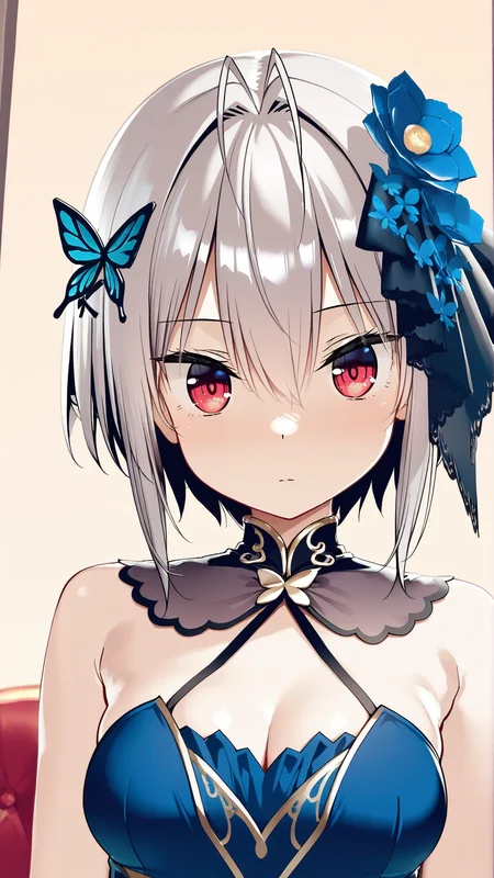 <lora:bepp_zimlock_v2:1>bepp zimlock,short hair,red eyes, grey hair
butterfly hair ornament, flower hair ornament, hair between eyes, antenna hair
blue dress,gold trim, bare shoulders,gold trim
cleavage
simple background ,straight-on ,portrait ,close-up