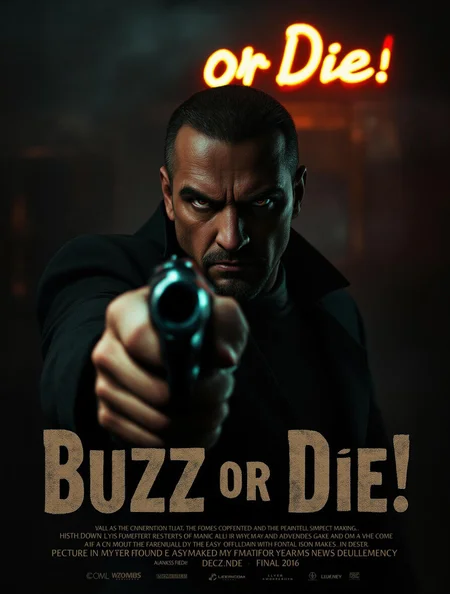 A menacing mafia boss in a dimly lit, smoky room points a gun directly at the camera. His expression is ruthless, eyes filled with intensity. The scene has dramatic lighting, with shadows emphasizing his sharp features. A neon sign in the background flickers faintly, adding to the noir atmosphere. The words 'Buzz or Die!' appear on screen in bold, gritty typography, blending seamlessly into the cinematic composition.