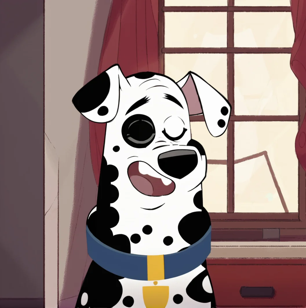 score_9, score_8_up, score_7_up, score_6_up, score_5_up, score_4_up, <lora:Dougdalmatian:1>,dougdalmatian, solo, smile, open mouth, 1boy, animal ears, closed eyes, male focus, teeth, indoors, no humans, window, :3, dog, black and white fur, dalmatian, body fur, dog ears, spots, collar
