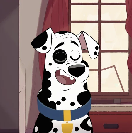 score_9, score_8_up, score_7_up, score_6_up, score_5_up, score_4_up, <lora:Dougdalmatian:1>,dougdalmatian, solo, smile, open mouth, 1boy, animal ears, closed eyes, male focus, teeth, indoors, no humans, window, :3, dog, black and white fur, dalmatian, body fur, dog ears, spots, collar