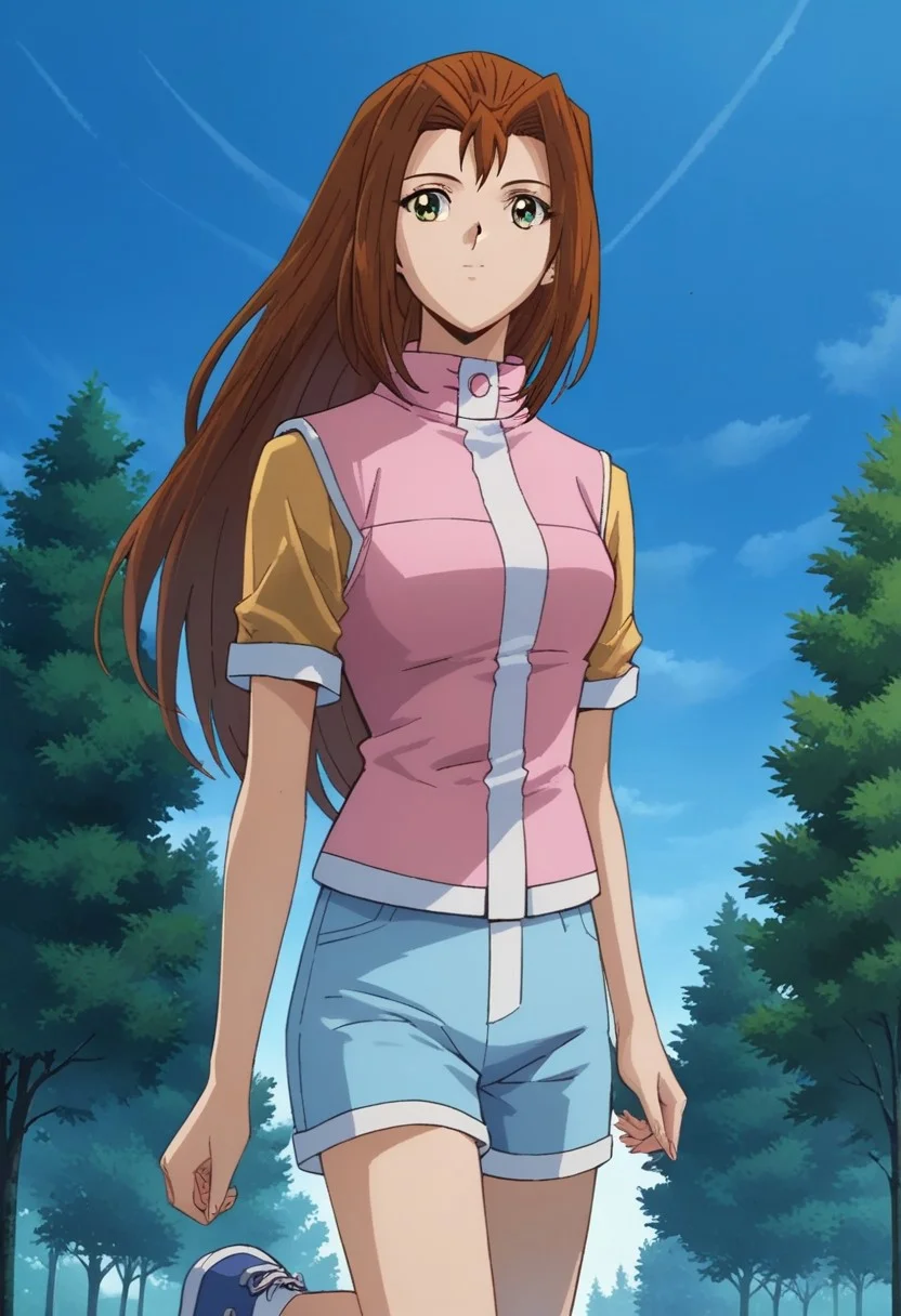 score_9, score_8_up, score_7_up
YGOSerenityWheeler, 1girl, long hair, brown hair, hair intakes, green eyes, brown eyes, yellow shirt, short sleeves, pink vest, blue shorts, white socks, blue foorwear, sneakers, solo, standing, upper body, outdoors, Dynamic pose, trees, sky, cowboy shot, looking at viewer