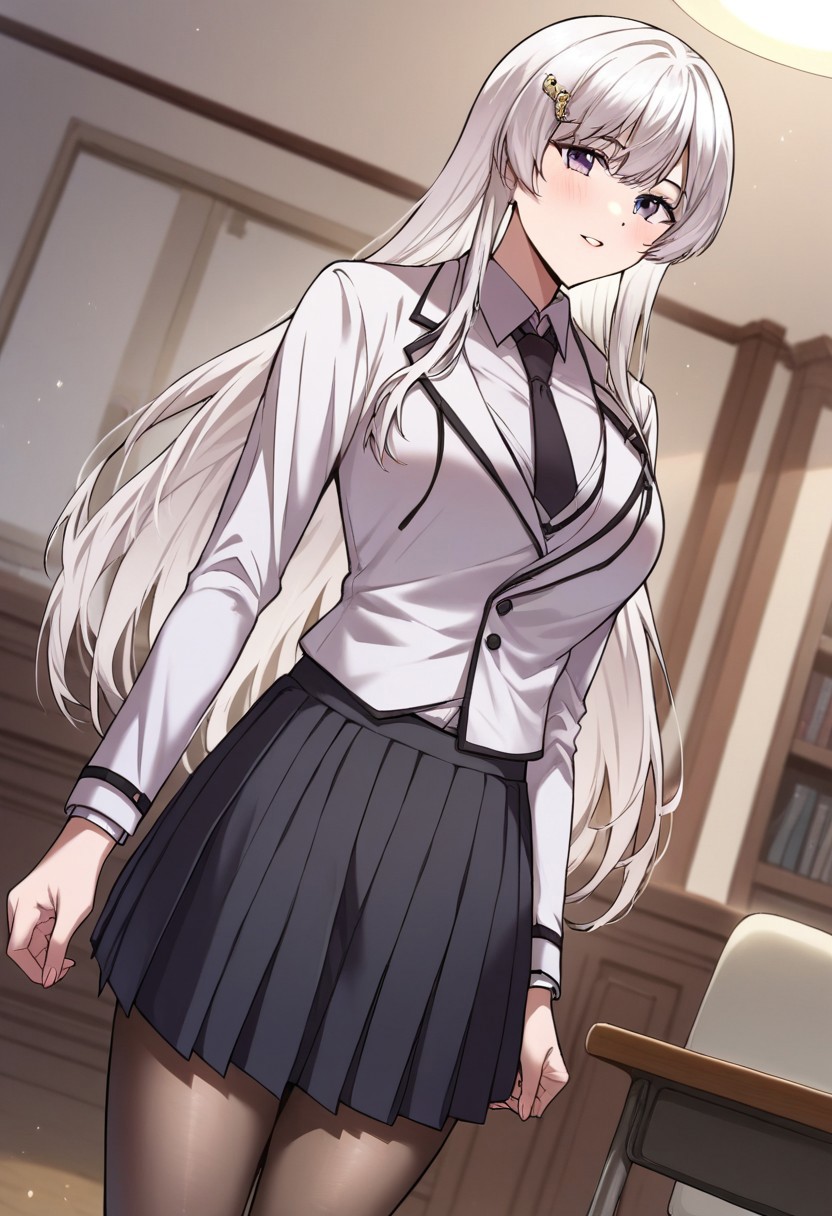 score_9,score_8_up,score_7_up,score_6_up,blurry, blurry background,1girl,felrochea,white hair,long hair,bangs,school uniform,blazer,white shirt,collared shirt,black skirt,long sleeves,pleated skirt,jacket,black necktie,pantyhose,hair ornament,sexy thighs,volumetric light,indoors,living room,cowboy shot, dutch angle