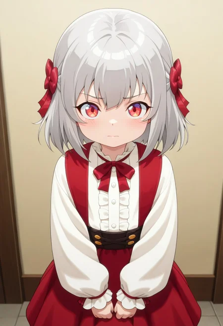 masterpiece,best quality,amazing quality,inglis eucus, child, female child, grey hair, red eyes, 1girl, center frills, solo, skirt, shirt, red skirt, white shirt, bow, red bow, looking at viewer, frills, closed mouth