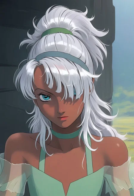 safe_pos, pureerosface_v1, close-up, portrait, 1boy, femboy, loran, loran cehack, loran gundam, dark skin, white hair, blue eyes, white hairband, toned, long hair, messy ponytail, hair covering one eye, lipstick, mascara, eyelashes, pretty, cute, seductive, half-lidded eyes, looking aside,
green dress, off-the-shoulder dress, bare shoulders, colar bones, green choker, 
