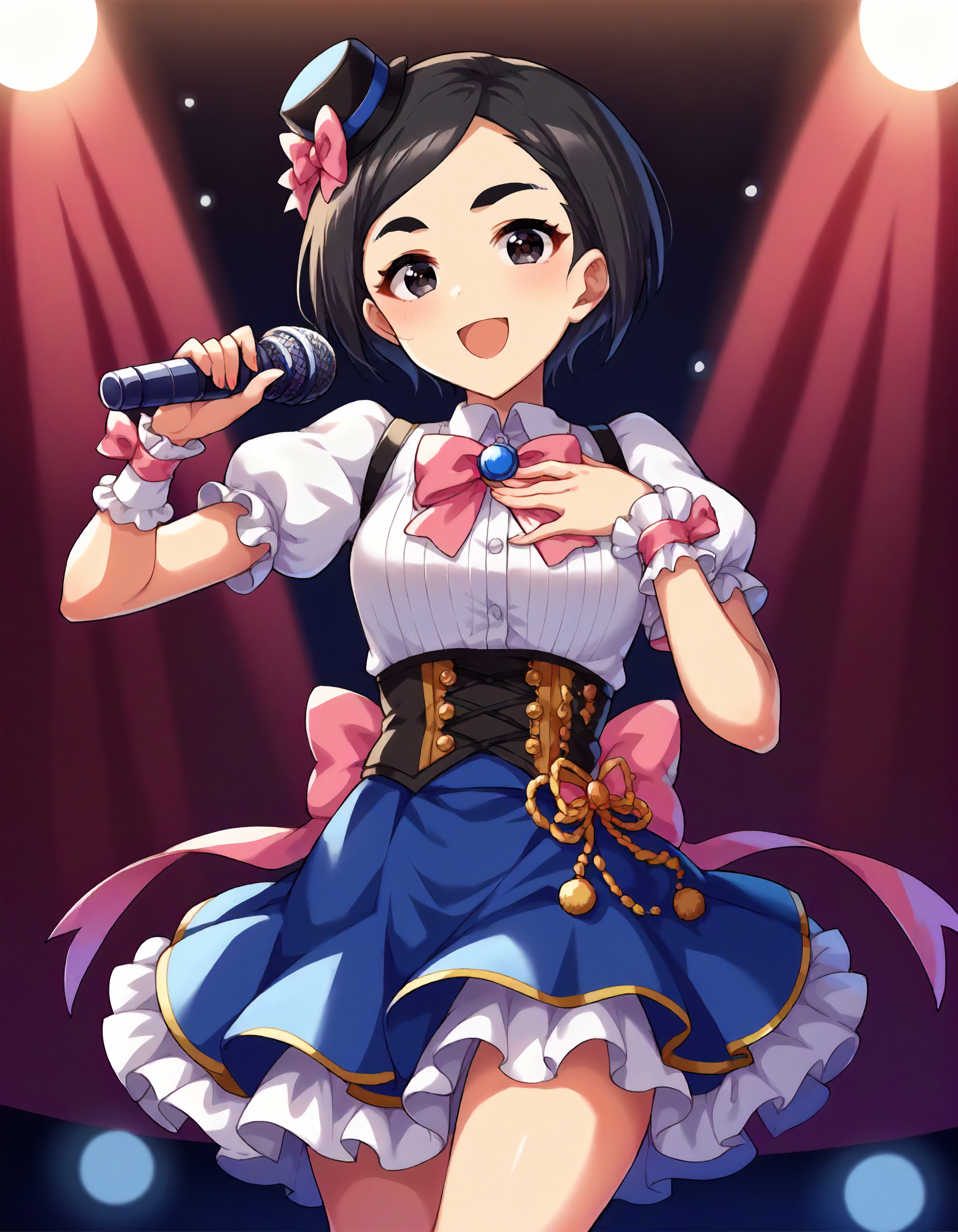 score_9,score_8_up,score_7_up,1girl,solo,cowboy shot,looking at viewer,singing,holding microphone,hand on own chest,stage lights
<lora:matsuochizuru_ponyXLV6:0.8>,cgmc,black hair,short hair,parted bangs,thick eyebrows,black eyes,
mini hat,white shirt,puffy short sleeves,wrist cuffs,pink bow,blue skirt