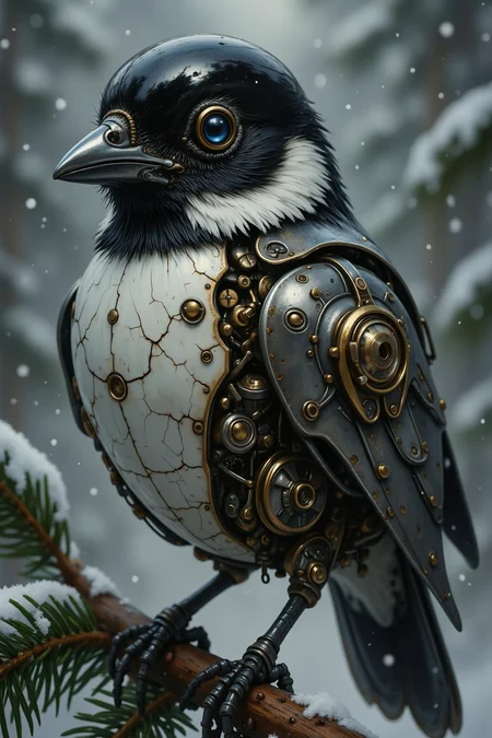 Large fonts, graphic, YFG-BGY, freakz, High contrast, nature shot, award winning, very detailed, vibrant colors, black glass, silver highlights, (retro-robotic) porcelain steampunk (chickadee), ((mechanical bird)), black shiny glass cap and bib; white porcelain cheeks; gray metal back, riveted steel wings, and tail, cracked white porcelain underside, beak, perched, on a pine branch, pine cones, green pine needles, snowy Bokeh background, snow falling, winter aesthetics, cinematic lighting, no people.