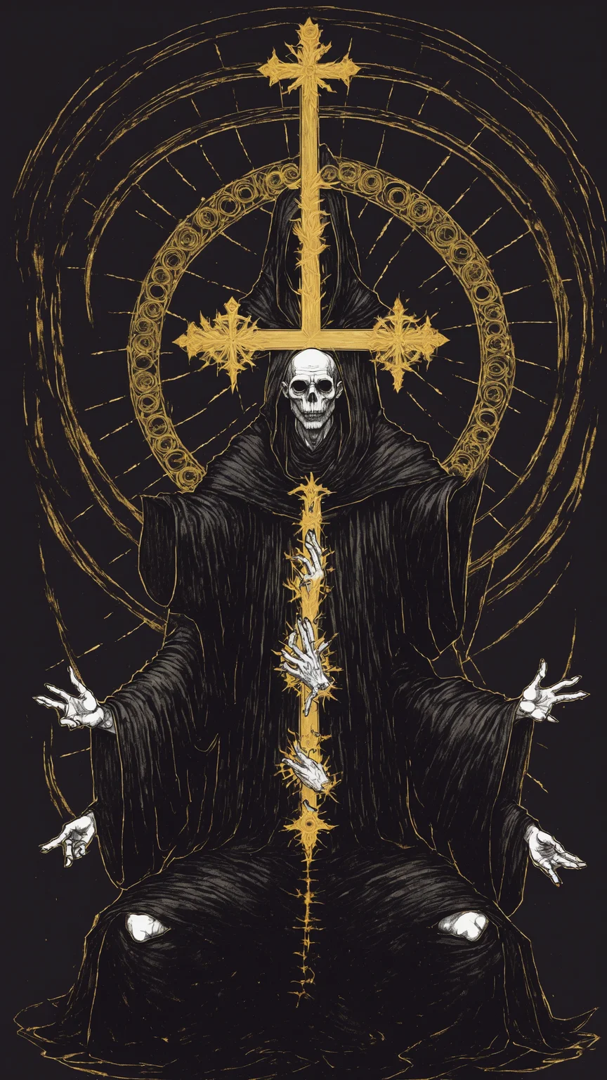 <lora:DarkInkAI:1> DarkInkAI, a gothic wizard, floating cross legged, circle of arms, radiating power, gold ink, inksketch