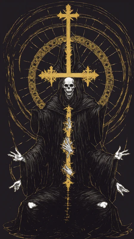 <lora:DarkInkAI:1> DarkInkAI, a gothic wizard, floating cross legged, circle of arms, radiating power, gold ink, inksketch