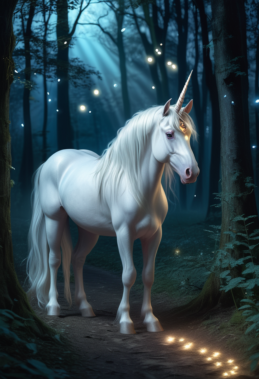 (medium full shot) of (ethereal delicate unicorn), heterochromia eyes, sky blue shimmering coat, long horn, straight mane, jeweled collar, set in  a moonlit forest, where the trees cast long shadows on the ground, the glow of fireflies illuminates the fairy paths, under the moonlight, ,Masterpiece,best quality, raw photo, realistic, very aesthetic