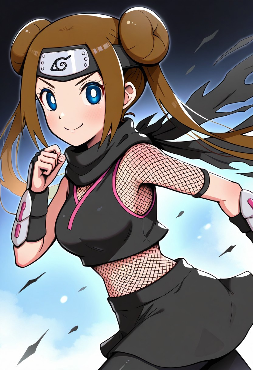 [hinosaki, pokemoa, gonzarez], 2d, masterpiece, best quality, amazing quality, 1girl, solo, close-up, running, from side, naruto run, smile, upper body, cowboy shot, looking at viewer, simple background, gradient background, smoke splashes, black background, blue background,  ninrosa, blue eyes, white pupils, brown hair, long hair, twintails, double bun, bangs, forehead protector, arm guards, fishnet bodystocking, black bodysuit, black scarf, torn scarf, ninja, black skirt, miniskirt