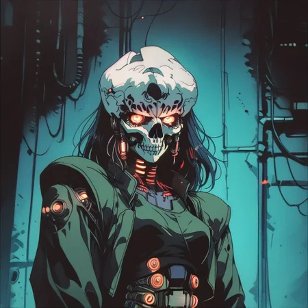 1990s \(style\)  score_9, knva, halftone effect, skull, cyberpunk neon, dark background ,