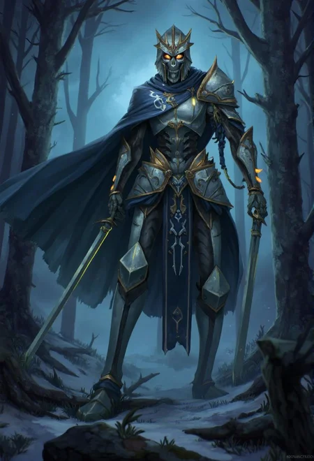 <lora:ck-LttleGhost-000011.safetensors:1> in the style of ck-lttlegh0stA towering skeletal warrior stands imposingly, clad in ornate blue-accoutred plate armor, flowing cape, and glowing swords, set against a mystical forest backdrop that seems frozen in an unnatural silence.