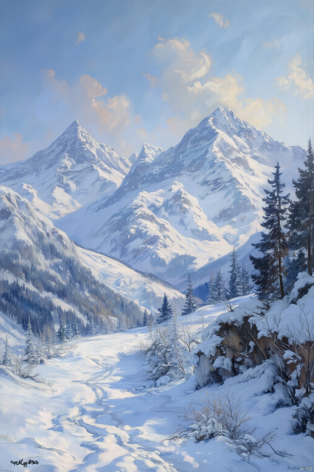 oil painting,OByouhua,
A classic oil painting capturing a snow-covered mountain range, with majestic peaks piercing the frosty sky. The snow is rendered in a variety of shades, from pristine white to icy blues and grays, with carefully layered brushstrokes to depict depth and texture. The light, reflecting off the snow, creates a dazzling spectacle.