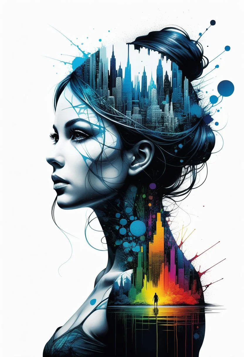 mysterious silhouette of woman from the enchanted pond, abstract art, by Minjae Lee, Carne Griffiths, Emily Kell, Geoffroy Thoorens, Aaron Horkey, Jordan Grimmer, Greg Rutkowski, extraordinary depth, masterpiece, surreal, geometric patterns, extremely detailed, bokeh, perfect balance , deep and thin edges, artistic photorealism, smoothness, excellent masterpiece by the head of rapid engineering, (white background: 1.2),