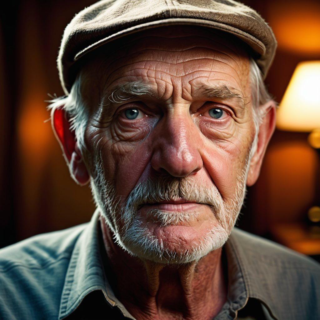 hot old man, POV, looking at viewer, cap, intimate lighting,