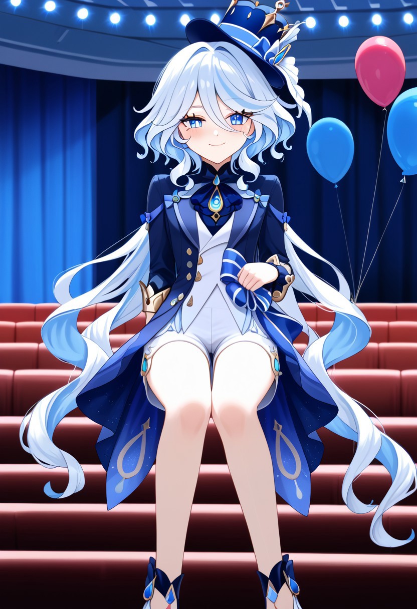 1girl, solo, smile, blush, Furina, white shorts, blue clothes, top hat, smirk, very long hair, indoors, theatre, seats, stage, spotlights, balloons