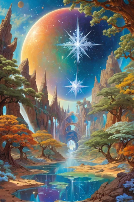 Landscape,Landscape creator,Doorto other world, A fractal plain where geometry self-destructs prism pyramids refracting time, star clusters mimicking snowflake geometry, Vines bearing blossoms with liquid mercury centers, fruit ripening cycles dictating temporal flow, heat distortions birthing temporary oasis holograms, Art painting by Jason de Graaf and John Harris and Akihiko Yoshida, featured on Tjalf Sparnaay,,
<lora:extremely_detailed:0.7> extremely detailed ,
<lora:add-detail-xl:0.7>,
<lora:softdigital2x2:0.15>,
<lora:EpicF4nta5yXL:0.3>,, Magic realism painting art style, surreal compositions, vibrant colors, blurs the line between reality and fantasy