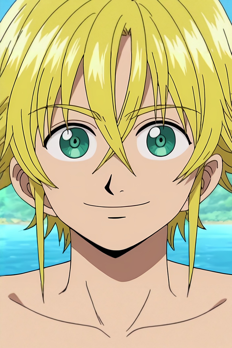 score_9, score_8_up, score_7_up, source_anime, , rating_safe, intricate details, , depth of field, 1boy, male focus, <lora:meliodas_nanatsu_no_taizai_pony:0.51>, meliodas_nanatsu_no_taizai, blonde hair, green eyes, hair between eyes, solo, symmetry, lake, light, arms at sides, smile, <lora:one_piece_style_pony:1.18>, one_piece_style, , <lora:sdxl_lightning_8step_lora:1>
