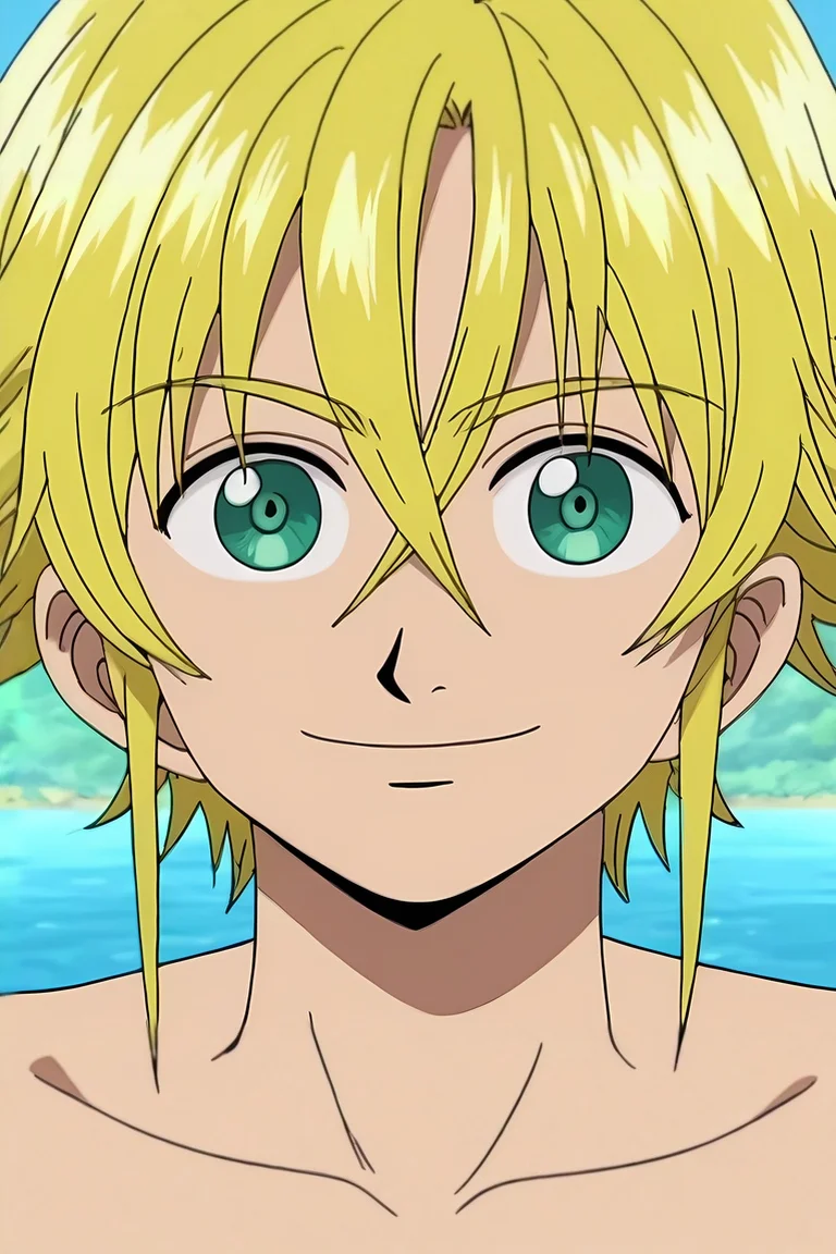 score_9, score_8_up, score_7_up, source_anime, , rating_safe, intricate details, , depth of field, 1boy, male focus, <lora:meliodas_nanatsu_no_taizai_pony:0.51>, meliodas_nanatsu_no_taizai, blonde hair, green eyes, hair between eyes, solo, symmetry, lake, light, arms at sides, smile, <lora:one_piece_style_pony:1.18>, one_piece_style, , <lora:sdxl_lightning_8step_lora:1>