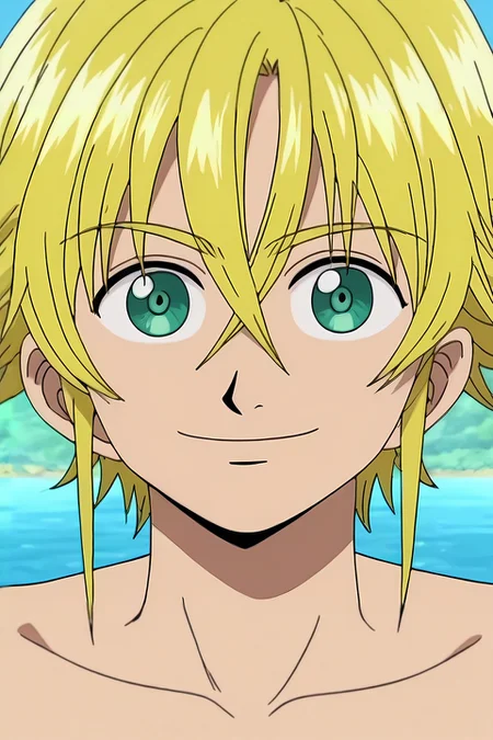 score_9, score_8_up, score_7_up, source_anime, , rating_safe, intricate details, , depth of field, 1boy, male focus, <lora:meliodas_nanatsu_no_taizai_pony:0.51>, meliodas_nanatsu_no_taizai, blonde hair, green eyes, hair between eyes, solo, symmetry, lake, light, arms at sides, smile, <lora:one_piece_style_pony:1.18>, one_piece_style, , <lora:sdxl_lightning_8step_lora:1>