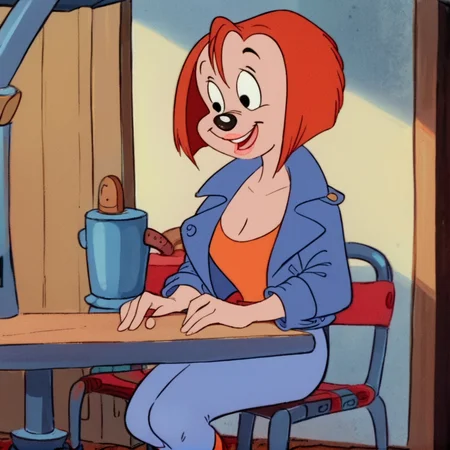 score_9, score_8_up, score_7_up, score_6_up, score_5_up, score_4_up, BREAK, <lora:Debbie_Dune:1>, debbie dune, 1girl, solo, orange hair, short hair, animal nose, furry female, furry, jacket, denim, lips, lipstick, orange shirt, black eyes, retro artstyle, smile, blue jacket, jeans, blue pants, shirt, pants, sitting, indoors, open mouth, cleavage.