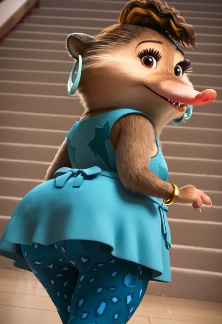 christine_z+casual, furry, anthro, female arctic shrew, short curly brown hair (one golden hair streak), tan golden-brown fur, long pink nose, big eyelashes, golden-brown eyes, golden-brown hands (four fingers), short claws, brown-gray feet, brown tail, light blue dress (darker blue star patterns), light blue ribbon around the waist, dark blue pants (cheetah patterns), teal-colored earrings (hoop rings), gold bracelet on right arm, score_8_up, score_7_up, BREAK, 1girl, solo, from behind, looking back, from below, low-angle shot, butt focus, head tilt, looking at viewer, detailed background, 4k, masterpiece, best quality, highly detailed, realistic, 3d, Expressiveh, full shot