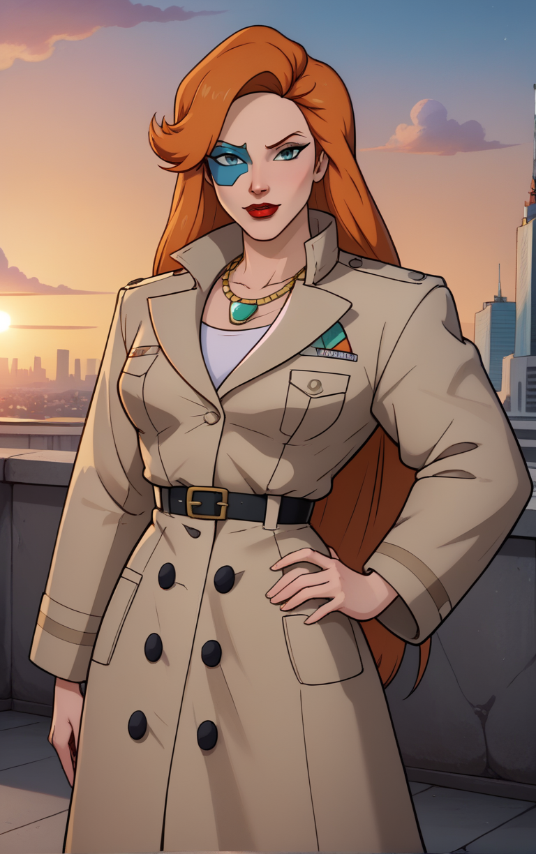 score_9, score_8_up, score_7_up, looking at viewer,  BREAK
LongCoat_FoxXanatos_ownwaifu, 
1girl, eye mask, facial tattoo, green eyes, long hair, orange hair, lipstick, makeup, red lips, necklace, breasts,
trench coat, long sleeves, jacket, popped collar,
(contrapposto, hand on hip), sunset, sidelighting, cityscape, outdoors, <lora:PONYXL_Gargoyles_FoxXanatos_ownwaifu:1> , depth of field, solo,