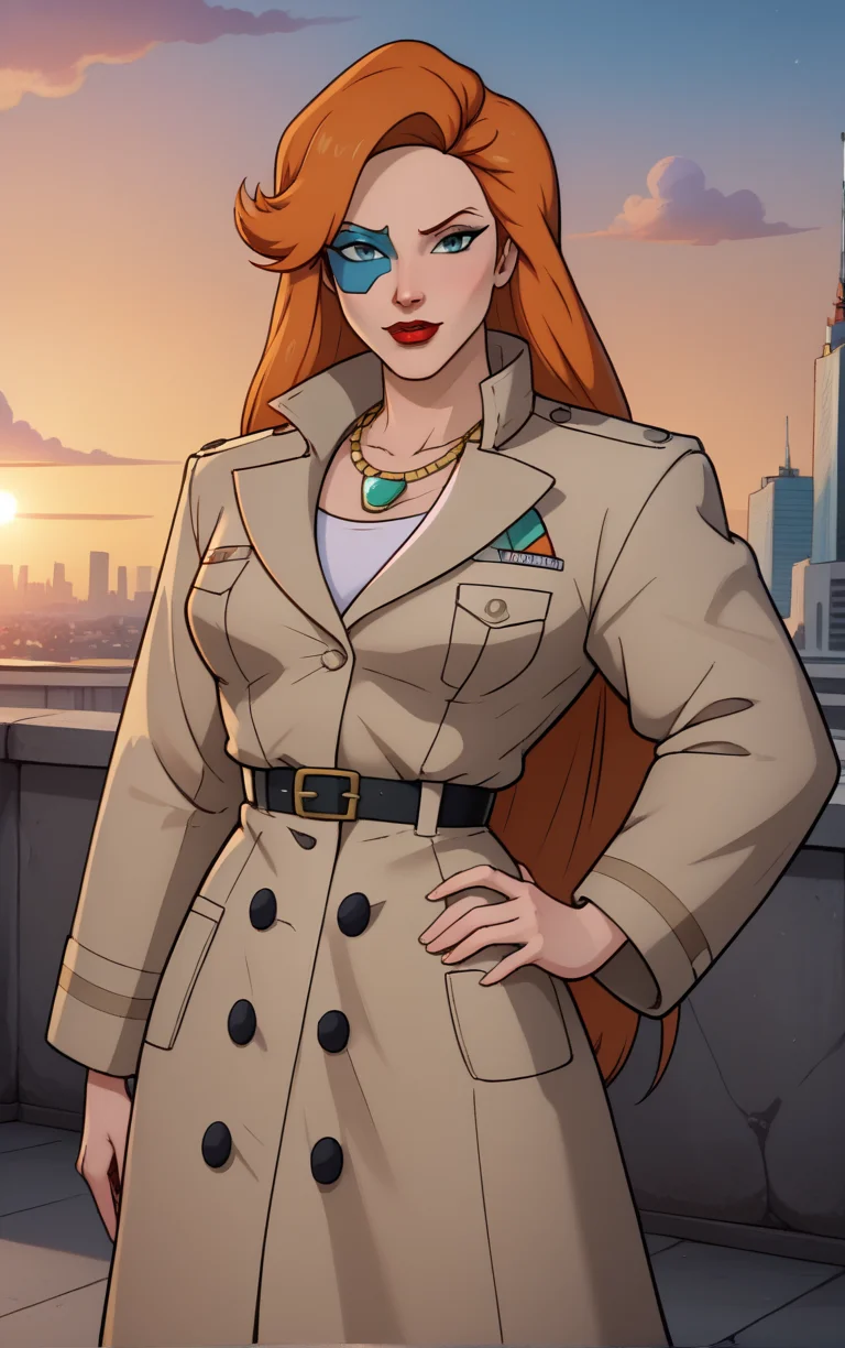 score_9, score_8_up, score_7_up, looking at viewer, BREAK
LongCoat_FoxXanatos_ownwaifu,
1girl, eye mask, facial tattoo, green eyes, long hair, orange hair, lipstick, makeup, red lips, necklace, breasts,
trench coat, long sleeves, jacket, popped collar,
(contrapposto, hand on hip), sunset, sidelighting, cityscape, outdoors, <lora:PONYXL_Gargoyles_FoxXanatos_ownwaifu:1> , depth of field, solo,
