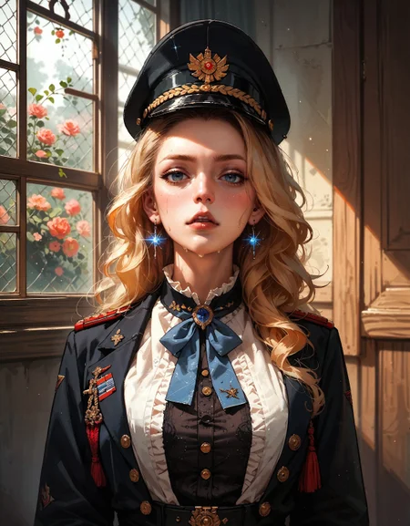 score_9, score_8_up, score_7_up, score_6_up, score_5_up, score_4_up, source_anime, long voluminous blonde hair, sweaty, 20yo girl, black military outfit, black military hat, standing and saluting, realistic, big natural rocket breasts, front view, jail cell