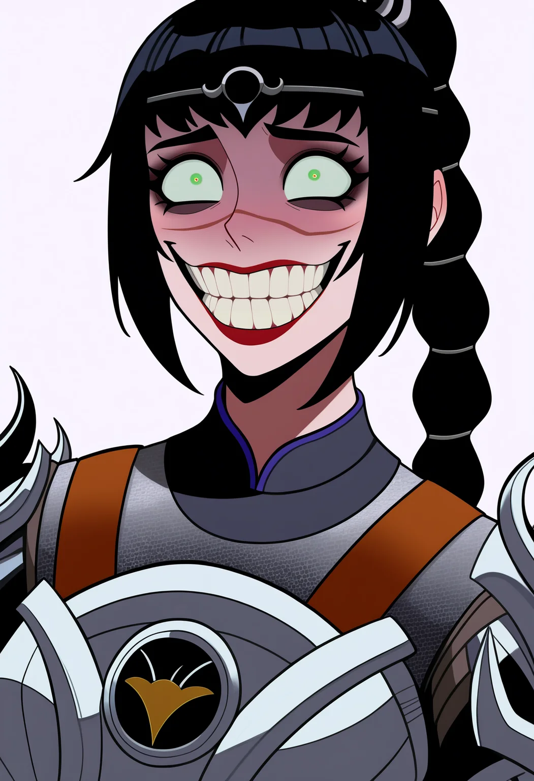 best quality, amazing quality, very aesthetic, absurdres,
jokerized, smile, grin, teeth, red lips, constricted pupils, crazy eyes,
1girl, solo, shadowheart, black hair, braided ponytail, green eyes, scar on face, circlet, armor,
smile, looking at viewer, upper body, simple background, white background, <lora:ShadowHeartIllustrious_byKonan:0.8> <lora:JokerizedNoobXL_byKonan:1>